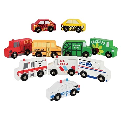 Set of 10 Wooden Community Vehicles Toy